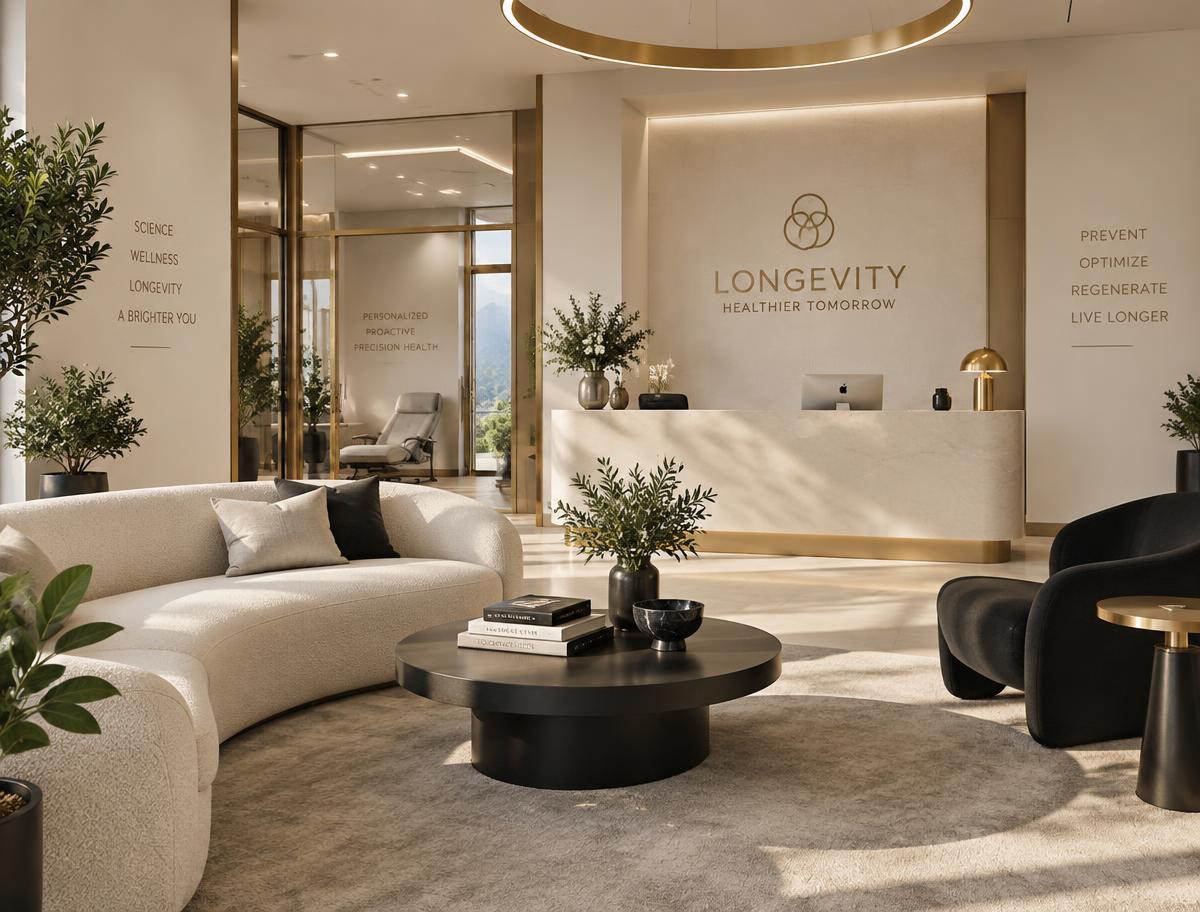 The modern, cream-and-gold patient lounge at a VidaVital Medical clinic